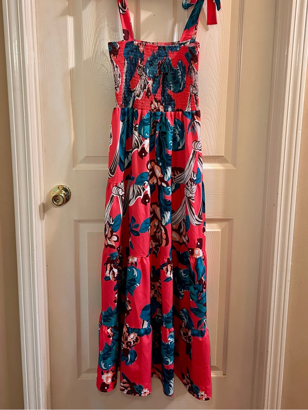 Bright Pink Floral Maxi Dress with Teal Accents